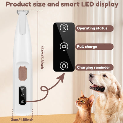 Electric Pet Paw Trimmer Rechargeable Cat Paw Clipper Low Noise Dog Paw Trimmer Kit with LED Light Waterproof Pet Grooming Tools