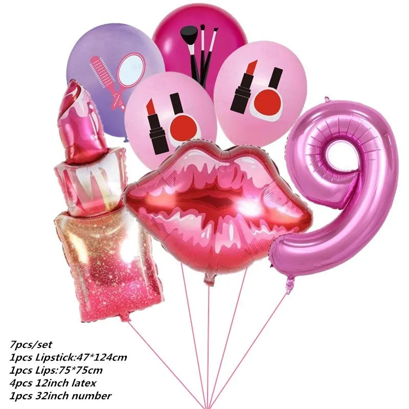 Make Up Theme Birthday Disposable Tableware Paper Plate Cups For Spa Makeup Girl Party Lipstick Red Lips Balloon Valentines Gift