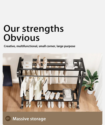 Movable Coat Rack With Universal Wheels Multifunctional Double-deck Simple Clothes Hanger Floor-Standing Bedroom Wardrobe