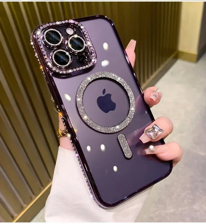 New Fashion Glitter Diamond Transparent Case For iPhone 16 15 14 13 17 12 Pro Max 16 Plus Magnetic Wireless Charge Bumper Cover