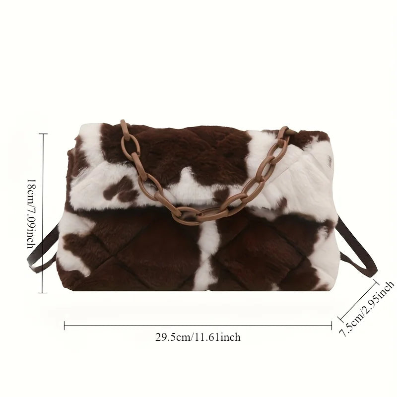 Korean Style Leopard Print Plush Crossbody Handbag for Women - Autumn Winter Fashion Bag