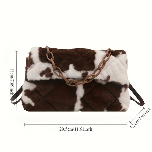 Korean Style Leopard Print Plush Crossbody Handbag for Women - Autumn Winter Fashion Bag