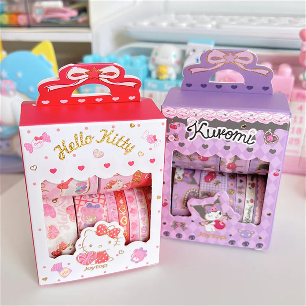 10Roll/Box Sanrio Kuromi Cinnamoroll Meloyd Tape Sticker Cute Cartoon Hello Kitty Handbook DIY Hot Stamping Stickers Kids Toys