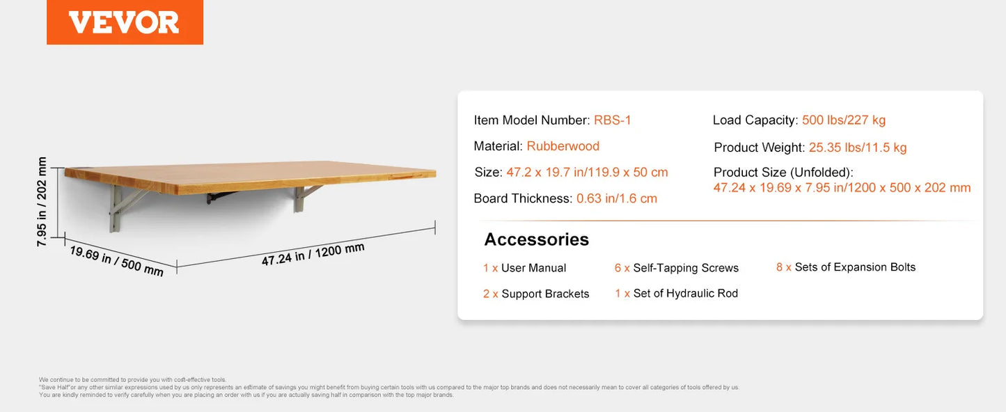 VEVOR Wall Mounted Folding Table, Wall Mount Drop Leaf Table, Wooden Floating Desk with Iron Bracket, Fold Down Desk for Spaces