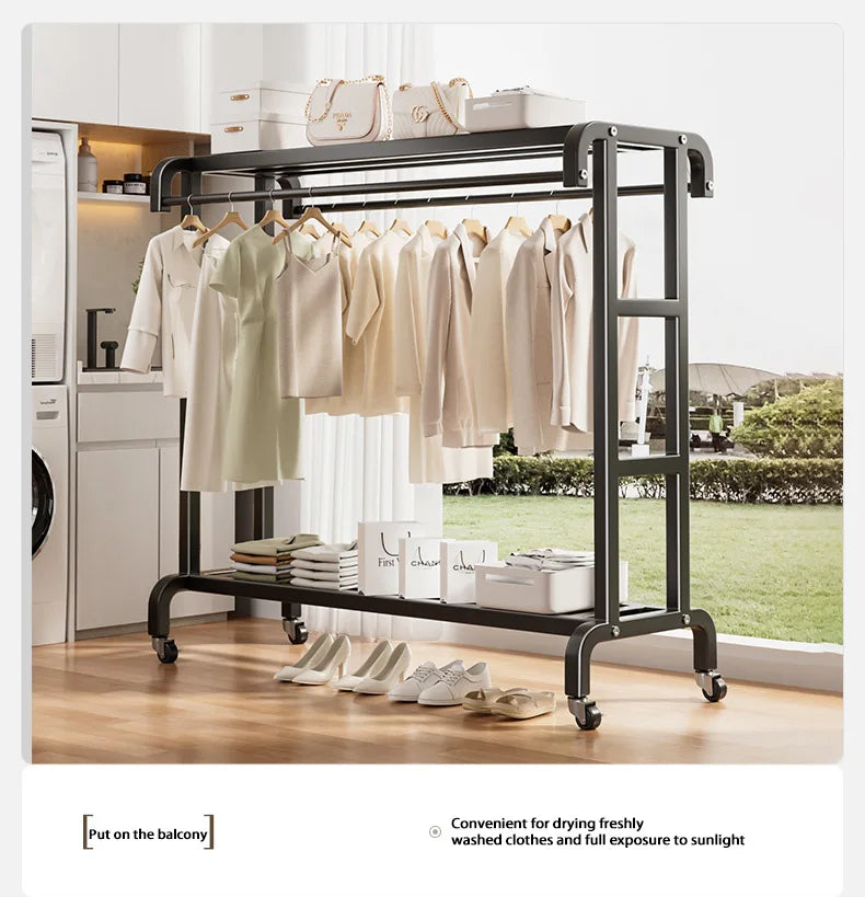 Movable Coat Rack With Universal Wheels Multifunctional Double-deck Simple Clothes Hanger Floor-Standing Bedroom Wardrobe