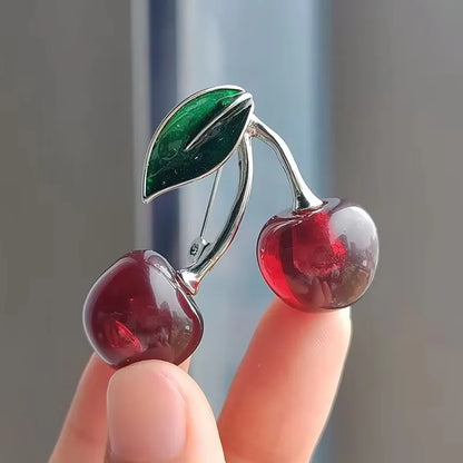 Fashion Crystal Dark Red Cherry Brooches For Women Clothing Cute Alloy Crystal Fruit Enamel Pins Party Jewelry Gifts