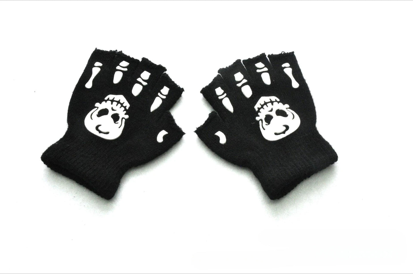 1pair New 5-11T Kids Halloween Skeleton Skull Half Finger Luminous Punk Gloves Winter Skull Fingerless Black Mitten