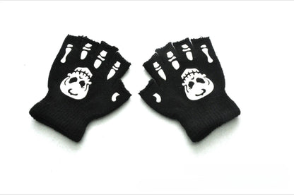 1pair New 5-11T Kids Halloween Skeleton Skull Half Finger Luminous Punk Gloves Winter Skull Fingerless Black Mitten