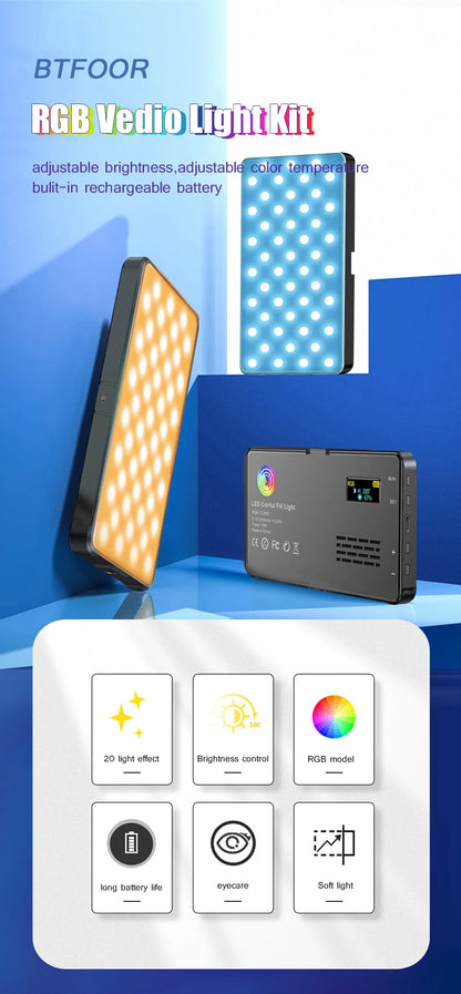 RGB LED Video Light Photography Fill Camera Lighting Panel CRI95+ 2500-9000K LCD Display Cold Shoe For Vlog Live Streaming DSLR