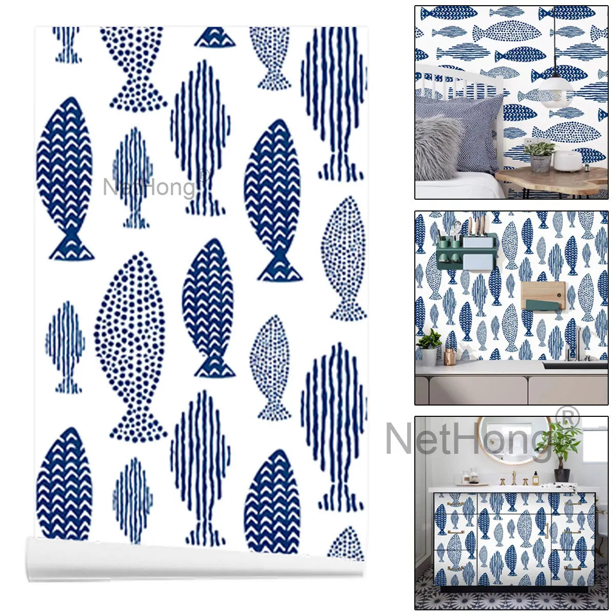 6M Vinyl Geometric small fish pattern Wallpaper Stickers Self Adhesive Contact Paper Waterproof