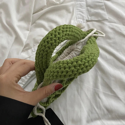 Summer Cotton Thread Woven Handbag Women Crochet Beach Bag Hollow Out Knitting Mini Top-Handle Bag Straw Mesh Boho Wristlet Bags