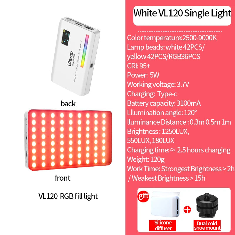 Ulanzi VL120 Full Color RGB Video Light 2500K-9000K LED Photography Lighting Dimmable Camera Light Live Videography Fill Lamp