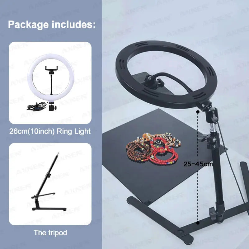 Desktop Foldable Overhead Tripod with Ring Light for Smartphone with Phone Holder Photography Table Stand Live Photo Video Shot