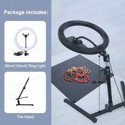 Desktop Foldable Overhead Tripod with Ring Light for Smartphone with Phone Holder Photography Table Stand Live Photo Video Shot