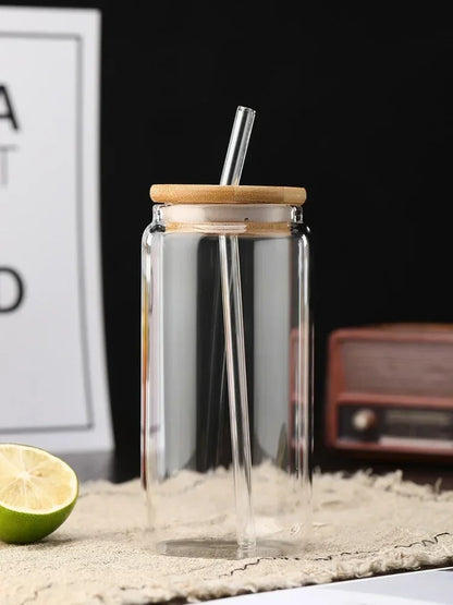 Glass Straw Cup with Dustproof Wooden Lid Heat-resisting Transparent Glass Bottle Breakfast Cola Milk Drinking Cups Holiday Gift