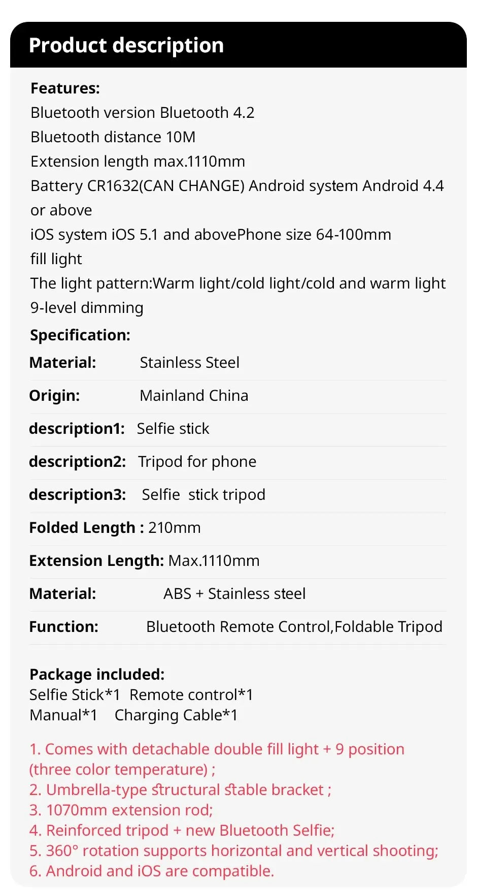 Selfie Stick with Fill Light Tripod with Bluetooth Remote Shutter Retractable Rod for iPhone Xiaomi Huawei for Phone Video Live