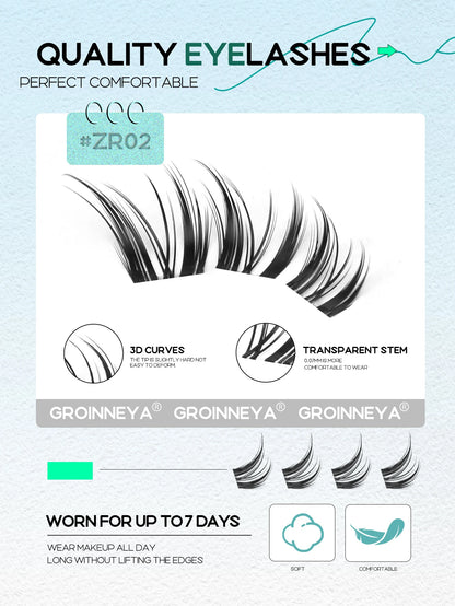 GROINNEYA Cluster Eyelashes Cat Eye Lashes Natural long Lashes Individual Lashes Mixed Tray Eyelash Extension Diy Lashes