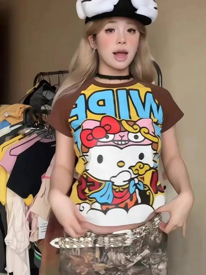 Y2K Sanrio Hello Kitty New Anime Fashion Short Tops Summer Cute Tees Cartoon Printed High Street Gothic Short Hottie T-shirts