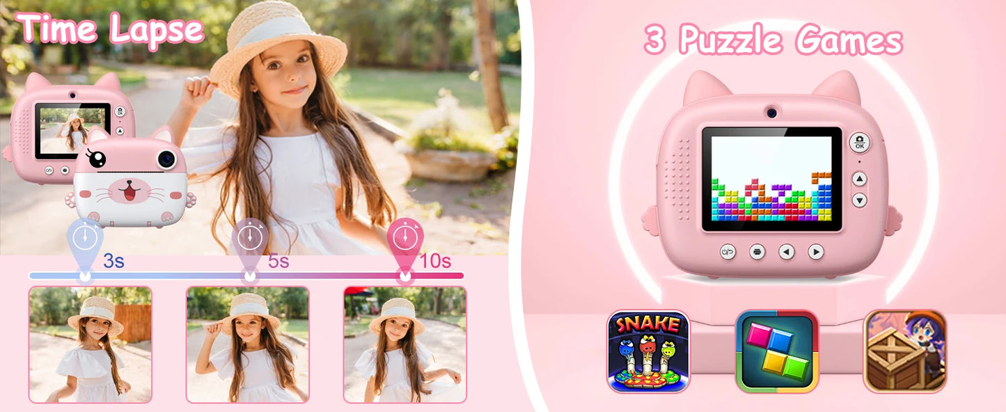 Kids Instant Print Camera 2.4 Inch 1080P Digital Camera Portable Cartoon Video Camera With 32GB Card & 5 Color Pens