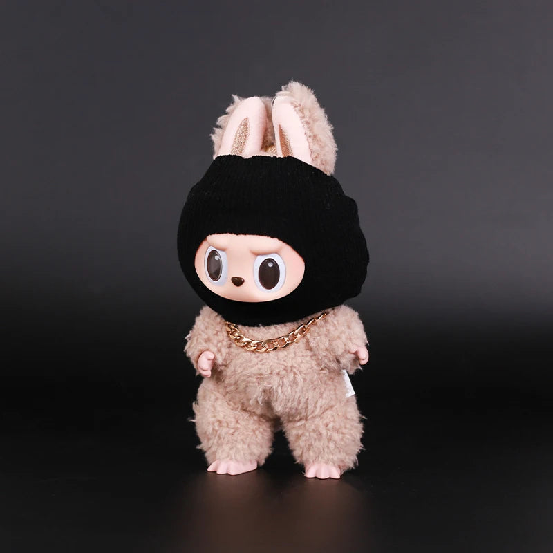 For Labubu Clothes Accessories Trendy Cool Cute Fun and Funny Style Black Knit Hat and Necklace Street Fashion Doll Accessories