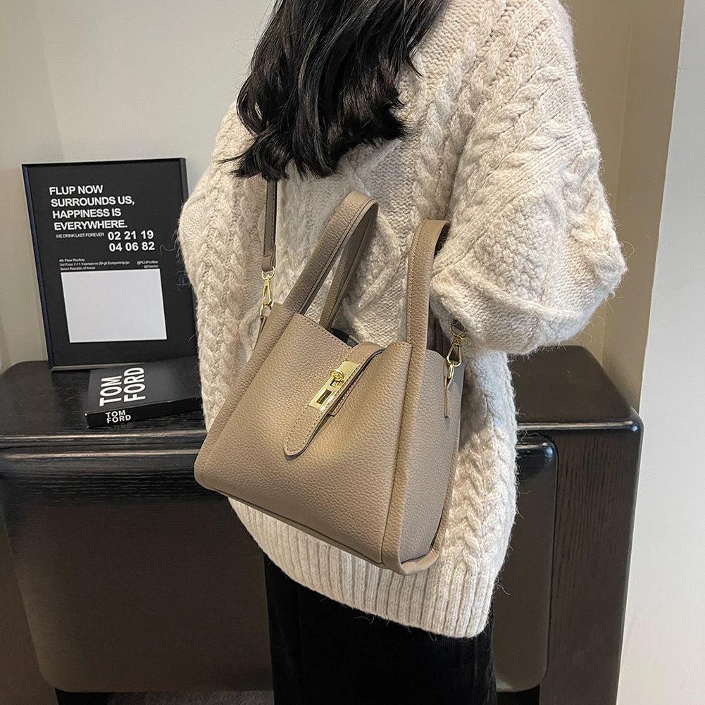 Luxury PU Leather Bucket Bag for Women Large Capacity Handbag with Inner Bag Double Handle Magnetic Closure Shoulder Bag Satchel