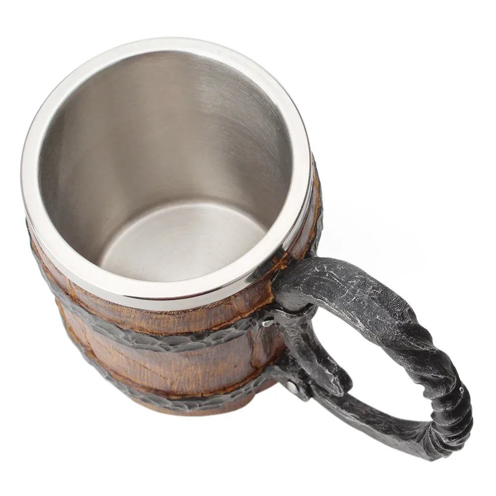 Viking Wood Style Beer Mug Simulation Wooden Barrel Beer Cup Double Wall Drinking Mug Metal Insulated 1PCS Bar Drinking кружка