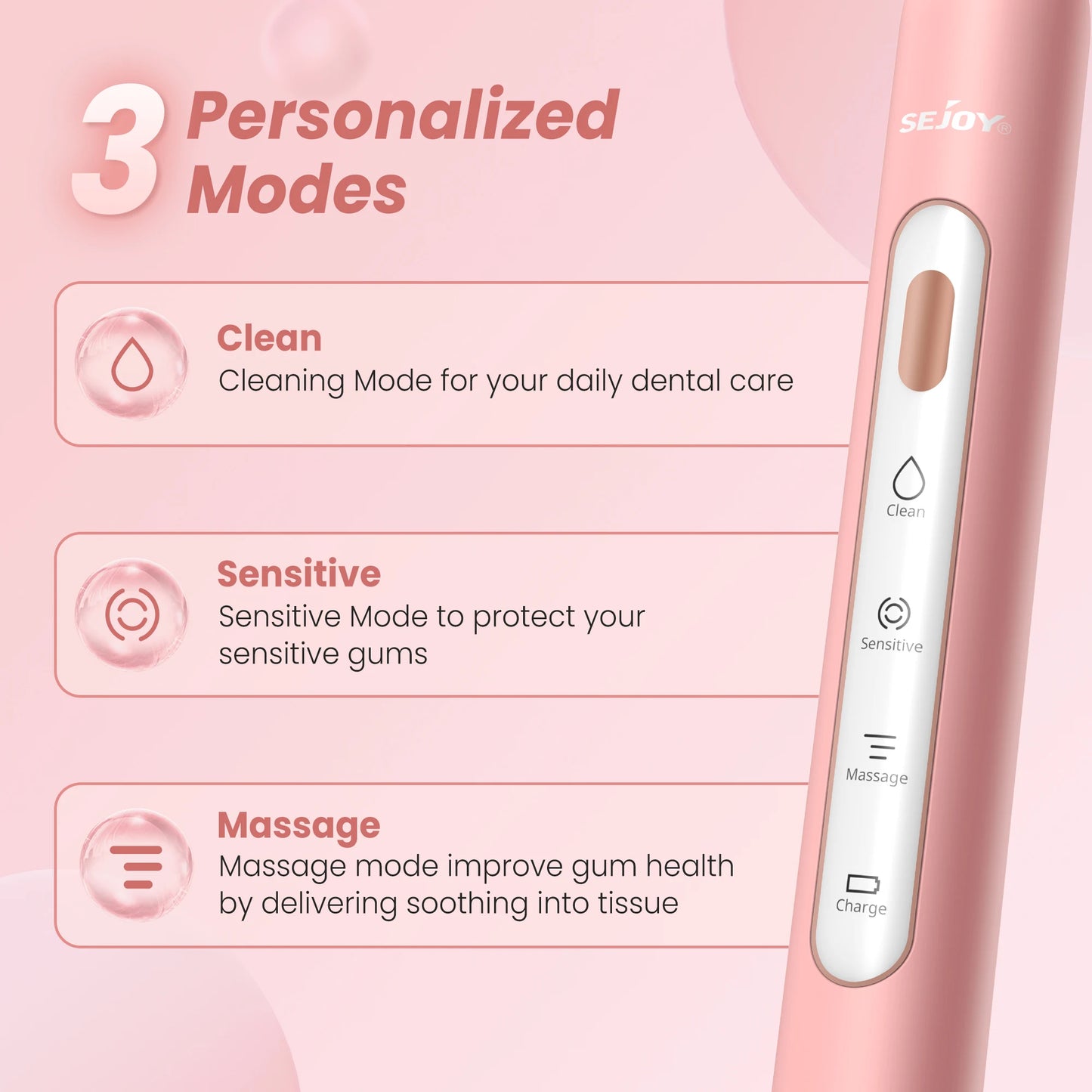 SEJOY Electric Sonic Toothbrush 3 modes Clean USB Rechargeable IPX7 Waterproof Electric Tooth Brushes with 7pcs Replacement Head