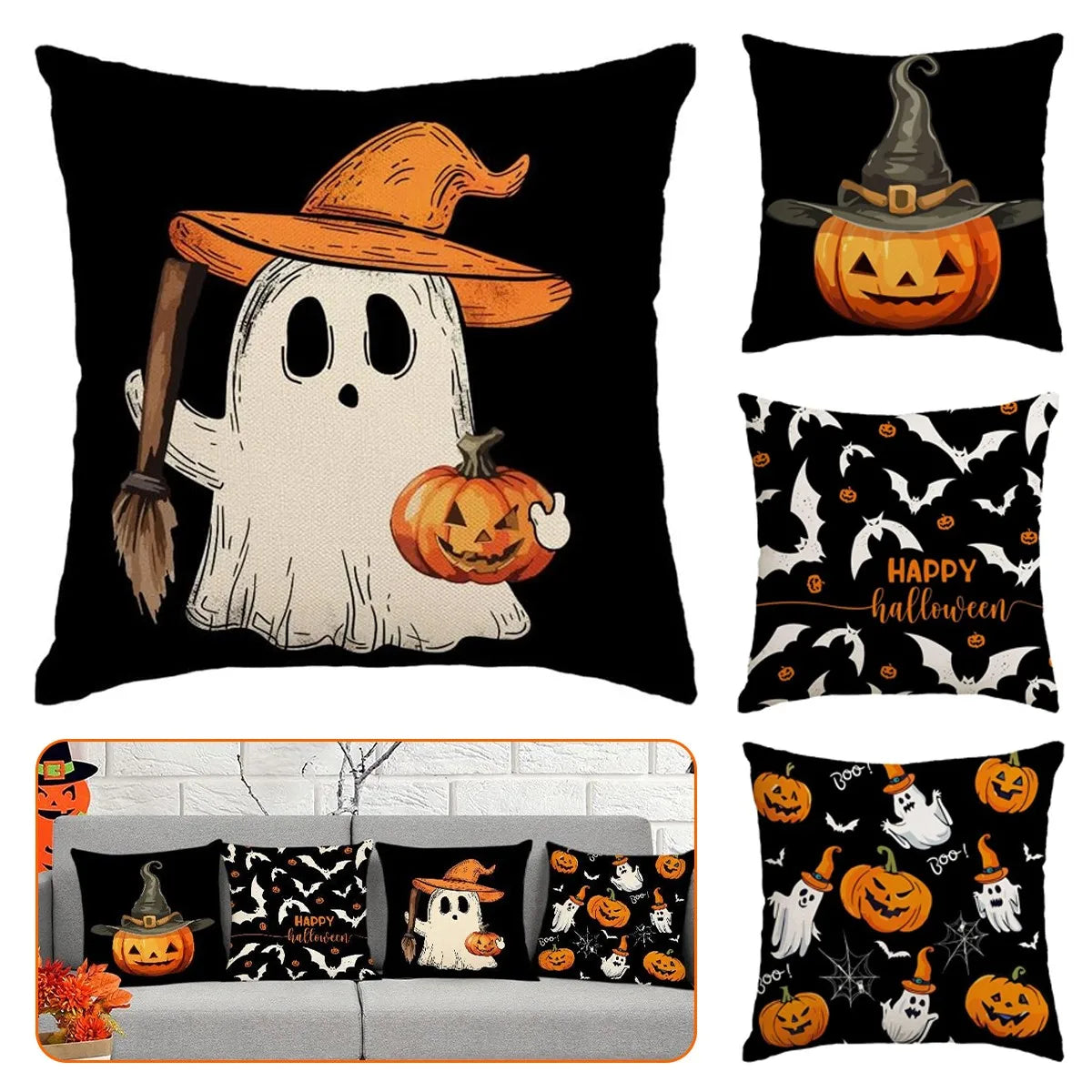 Halloween themed cushion cover set of 4 Pumpkin skull and ghost pattern 45*45cm