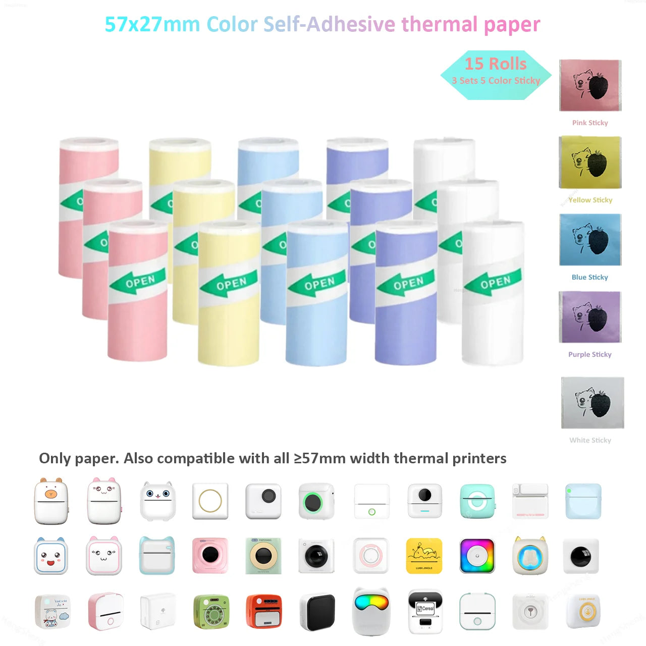 Color Label Sticker Mini Printer Thermal Paper 57mm 10ft Self-adhesive Thermal Printing Paper For Inkless Printing Photo Picture