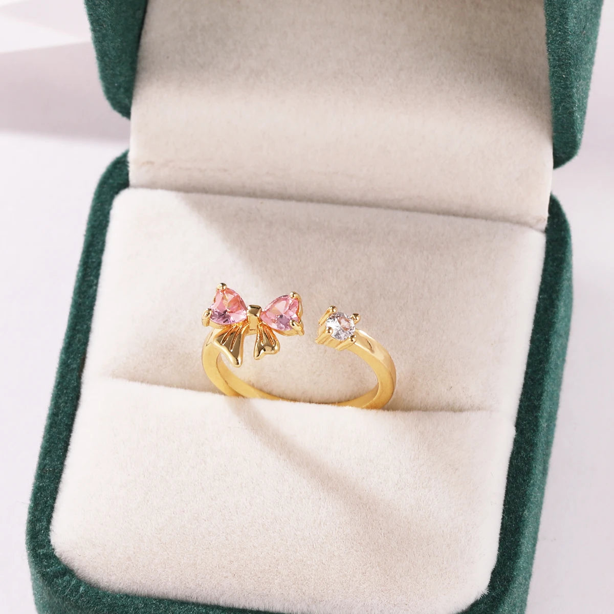 Pink Zircon Bow Heart Rings For Women Gold Plated 18K Plated Adjustable Heart Ring 2026 Trend Wedding Aesthetic Jewelry Gift