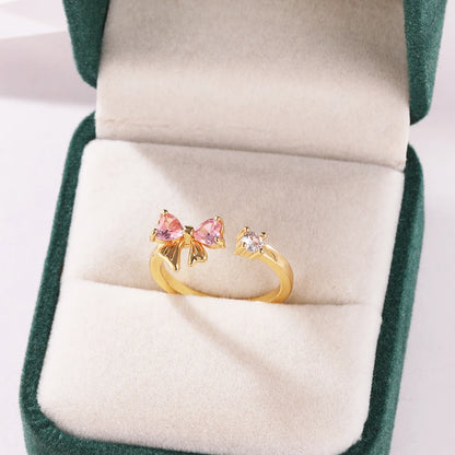 Pink Zircon Bow Heart Rings For Women Gold Plated 18K Plated Adjustable Heart Ring 2026 Trend Wedding Aesthetic Jewelry Gift