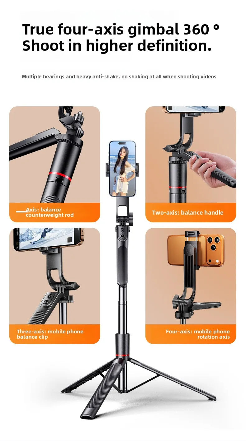 4-Axis Phone Selfie Stick Tripod 360° Anti-Shake 1.85m Extendable - 20m Bluetooth Remote for Vlog Live Streaming Travel