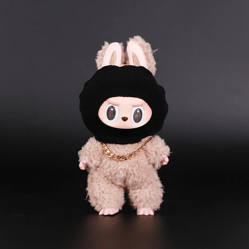 For Labubu Clothes Accessories Trendy Cool Cute Fun and Funny Style Black Knit Hat and Necklace Street Fashion Doll Accessories