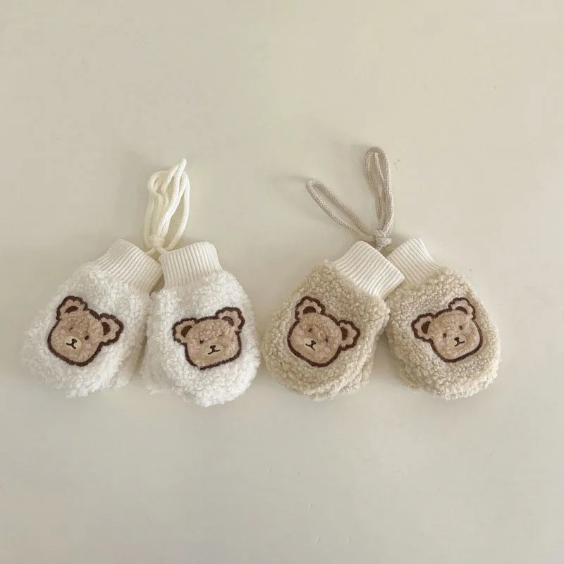 Lamb Fleece Baby Plush Mittens Cute Bear Kids Hanging Neck Glove 1-4Year Boy Girl Children Winter Full Finger Gloves Hand Warmer