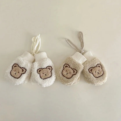 Lamb Fleece Baby Plush Mittens Cute Bear Kids Hanging Neck Glove 1-4Year Boy Girl Children Winter Full Finger Gloves Hand Warmer