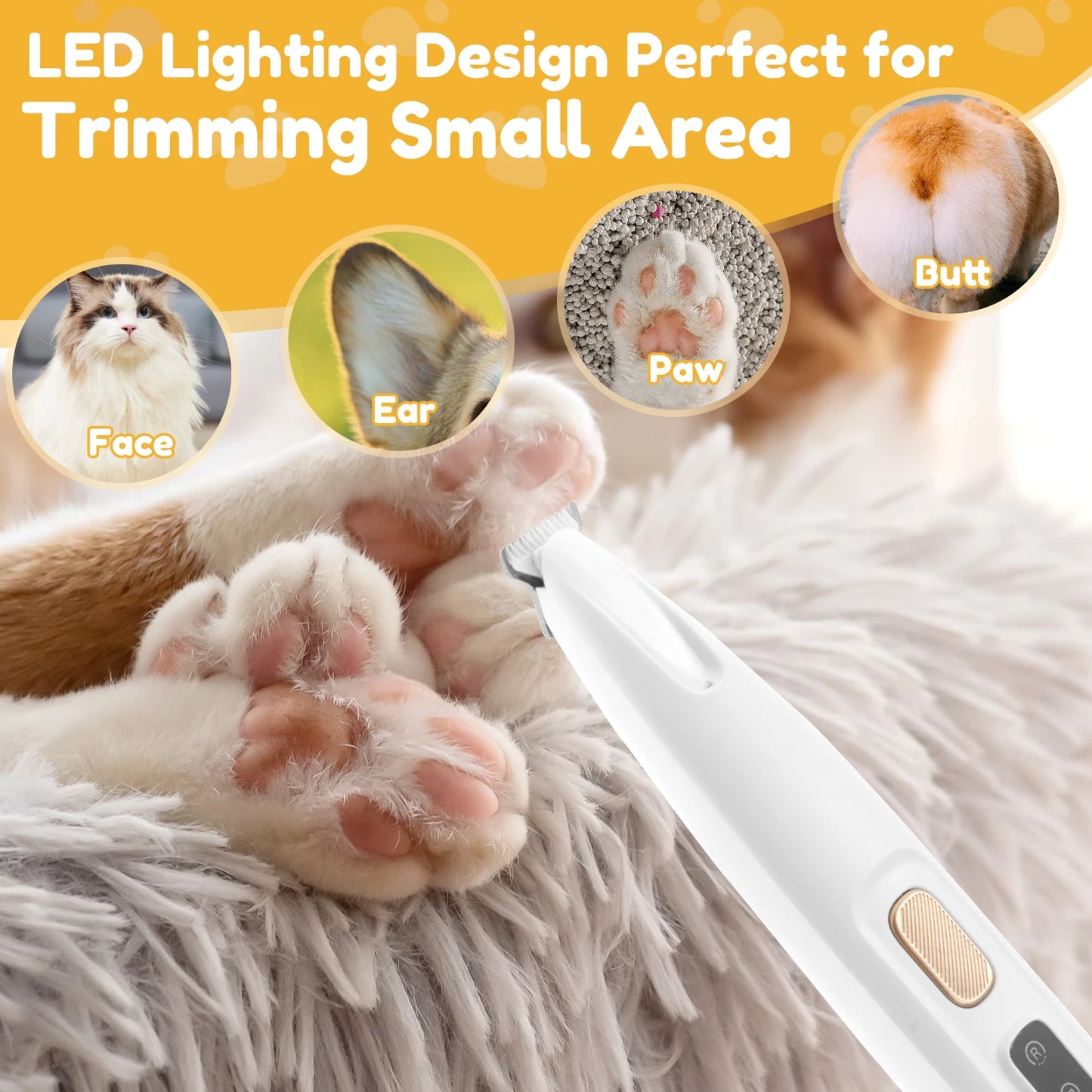 Electric Pet Paw Trimmer Rechargeable Cat Paw Clipper Low Noise Dog Paw Trimmer Kit with LED Light Waterproof Pet Grooming Tools