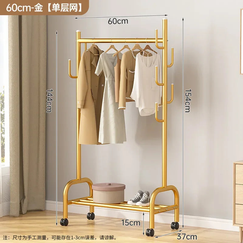 Aesthetic Golden Clothes Rack Metal Balcony Nordic Wheels Clothes Rack Floor Bedroom Burro Ropa Perchero Hallway Furniture