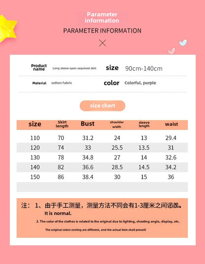 2024 Girls Long Sleeve Unicorn Birthday Dress Casual Children's Wear Rainbow Princess Skirt Sequins Mesh Gown