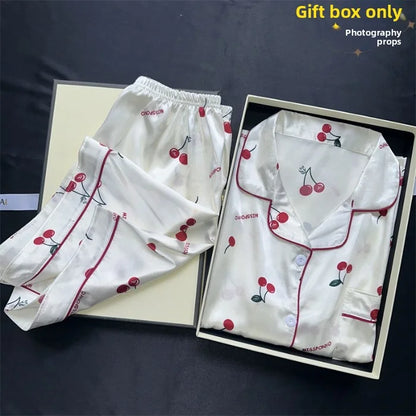 Cherry Print Pajamas Set for Women Summer Satin Two Piece Sleepwear Short Sleeve Shirt and Shorts Casual Fashion Homewear