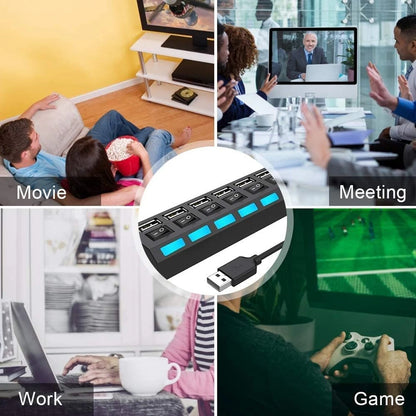 Hochgeschwindigkeits-USB-2.0-Hub mit 7 Ports, Adapter, Multi-USB-Splitter und Mehrfach-Extender mit LED-Lampenschalter für PC und Laptop