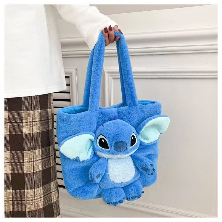 Disney 2025 New Cartoon Plush Doll Shoulder Bag Sweet and Cute Stitch Strawberry Bear Soft Cute Girls Handbag