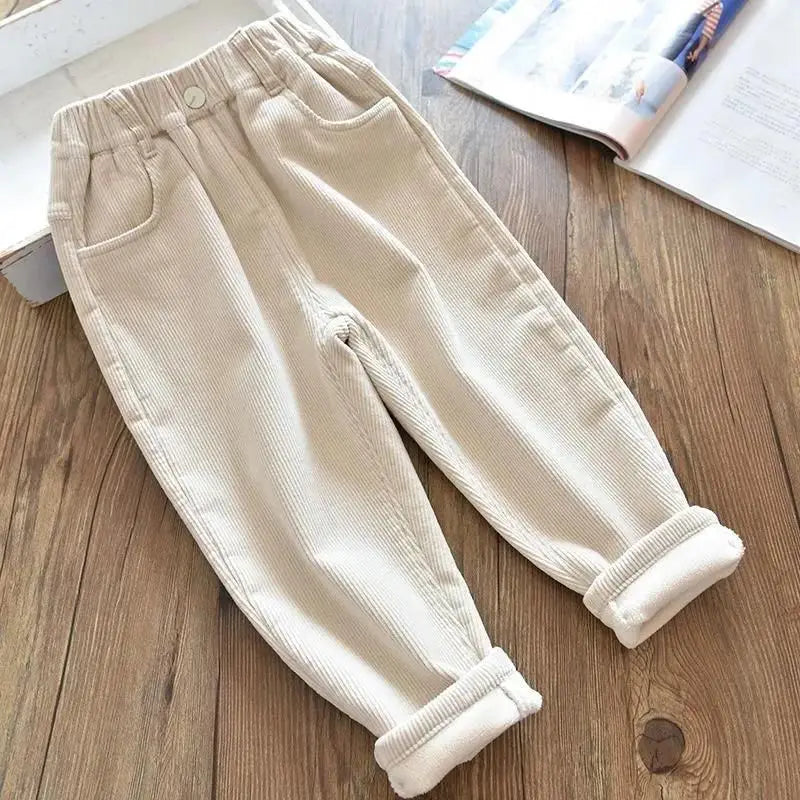 Kids Warm Pants Boy Girls Autumn Winter Corduroy Thick Outer Wear Sports Trousers 1-9Y Children Clothes Casual High Waist Pants