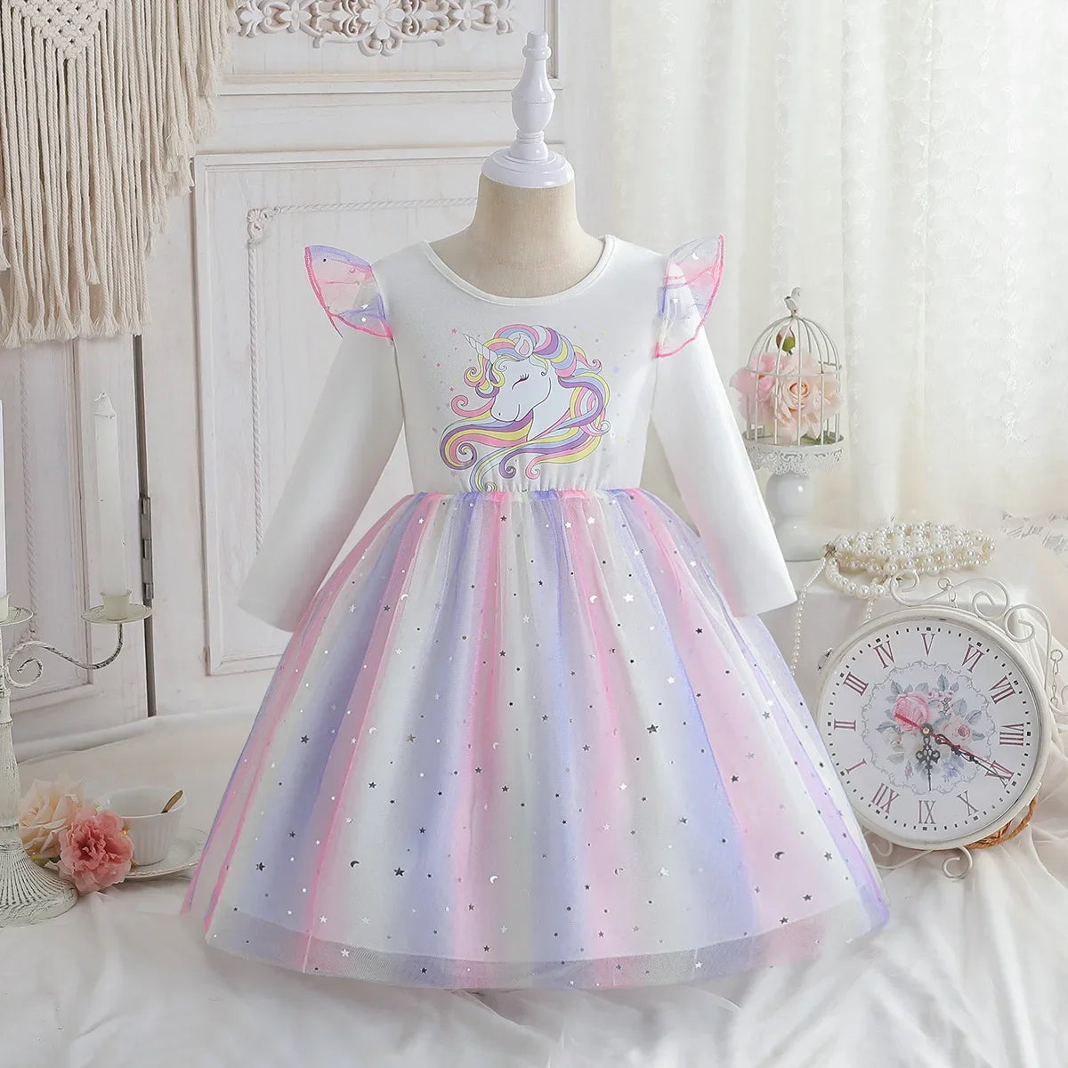 2024 Girls Long Sleeve Unicorn Birthday Dress Casual Children's Wear Rainbow Princess Skirt Sequins Mesh Gown