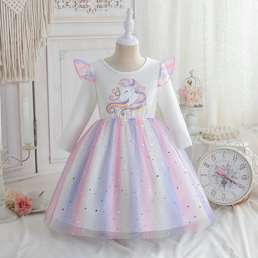 2024 Girls Long Sleeve Unicorn Birthday Dress Casual Children's Wear Rainbow Princess Skirt Sequins Mesh Gown