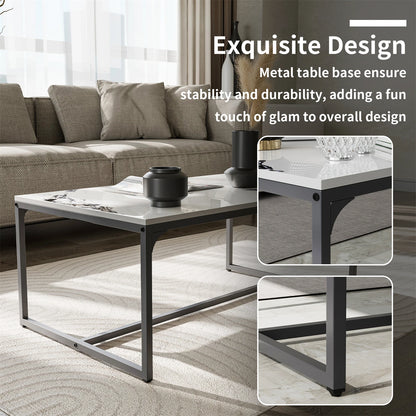 Rechteckiger Couchtisch mit Tuschemalerei-Textur, moderner Chic, Beistelltisch neben dem Sofa, Tischplatte aus Sinterstein, Aluminiumgestell