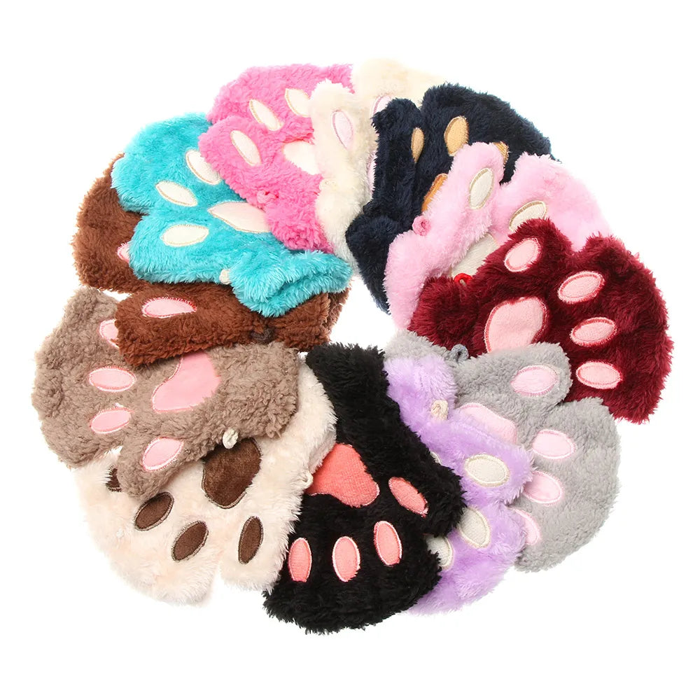 1Pair Winter Fluffy Cat Paw Children Gloves Cute Fingerless Warm Plush Mittens Fashion Warm Lovely Gloves for Girls 9 Colors