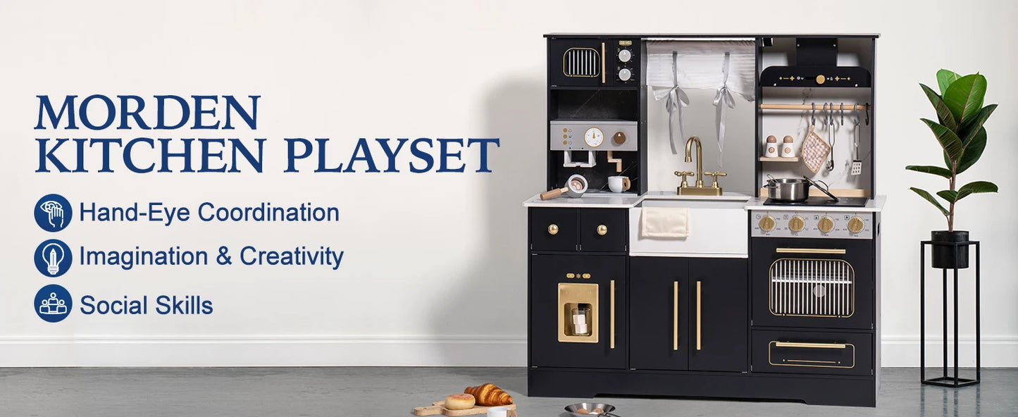 ROBOTIME Wooden Play Kitchen Toy Kitchen Set with Ice Maker and Coffee Machine Realistic Kitchen Set Gift for Toddlers