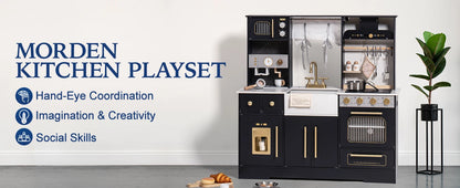 ROBOTIME Wooden Play Kitchen Toy Kitchen Set with Ice Maker and Coffee Machine Realistic Kitchen Set Gift for Toddlers