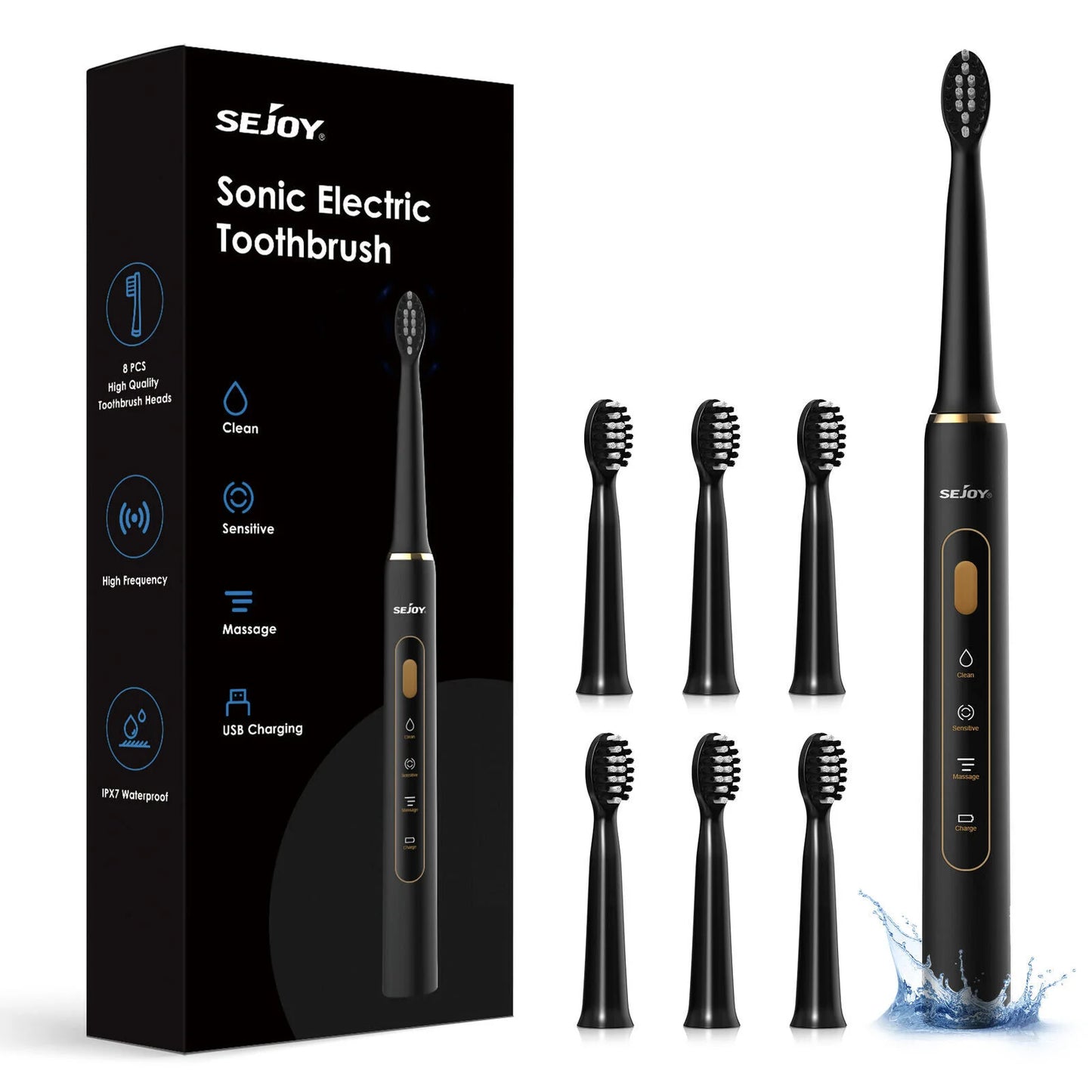 Sejoy Electric Toothbrush with 6 Heads 3 Cleaning Modes for Dental Care Smart Timer Rechargeable Sonic Toothbrush