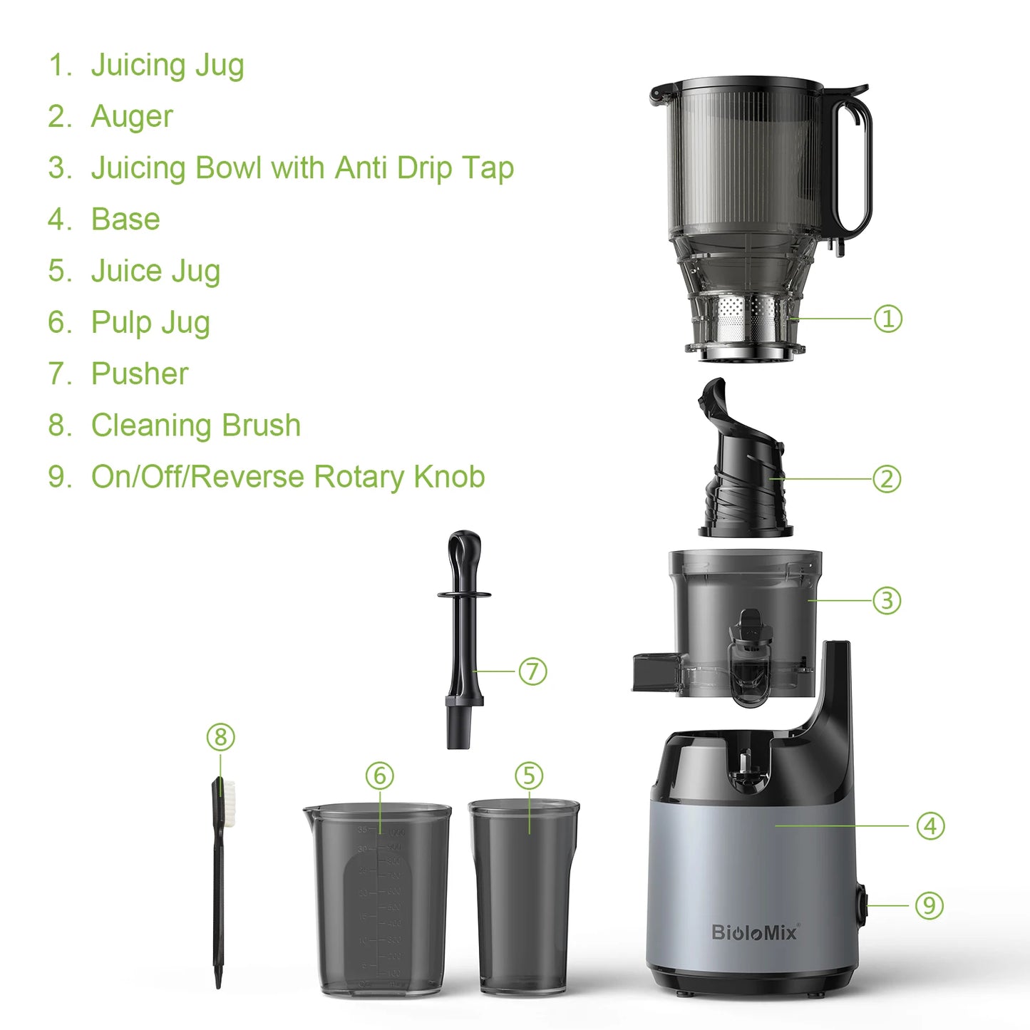 BioloMix Cold Press Juicer,with 130mm Feed Chute,Fit Whole Fruits & Vegetables,High Juice Yield,BPA FREE Slow Masticating Juicer